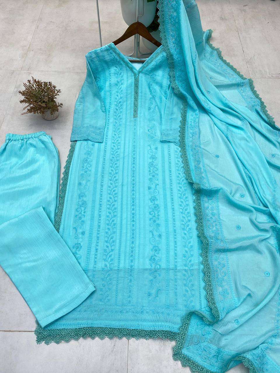 Women's Chinon Silk with Cotton Thread Embroidery Straight Kurti With Pant and Dupatta set - Image 19