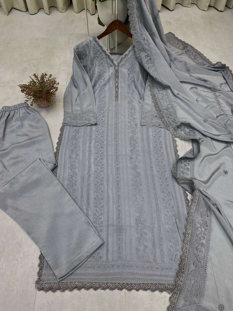 Women's Chinon Silk with Cotton Thread Embroidery Straight Kurti With Pant and Dupatta set - Image 8