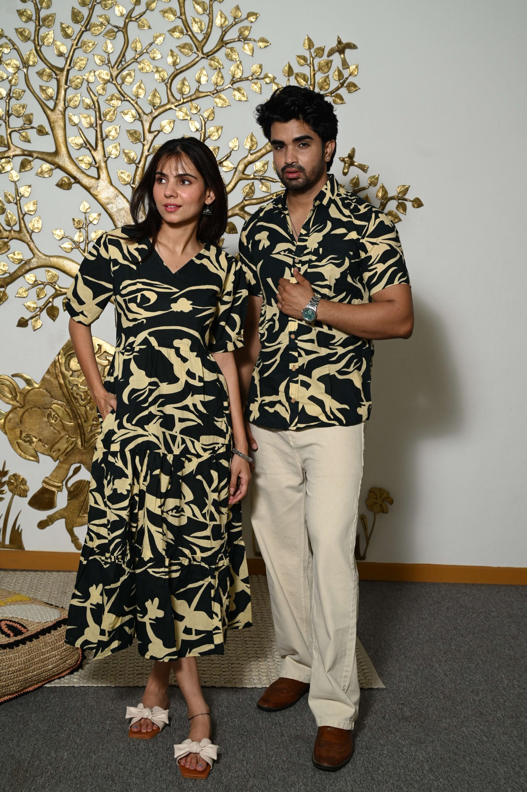 Couple Matching Black Printed Cotton Anarkali Midi Dress & Shirt Set ? Summer Casual Wear - Image 2